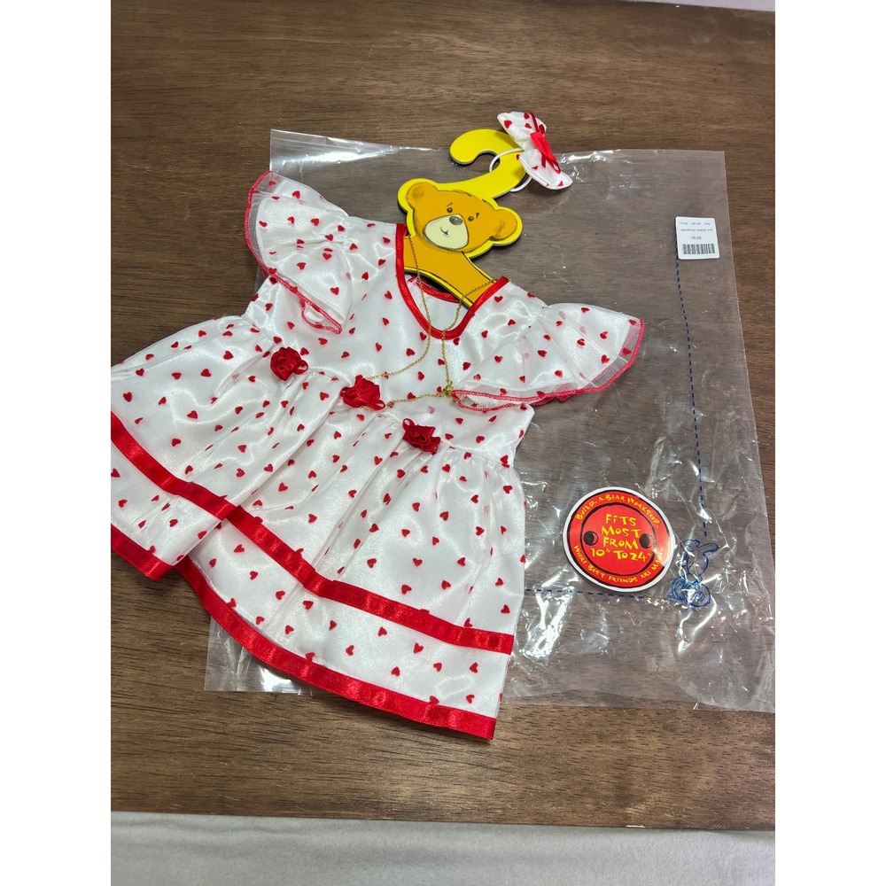 Build-A-Bear Valentine Dress 010 White Red Heart Print Satin Rosette Coquette